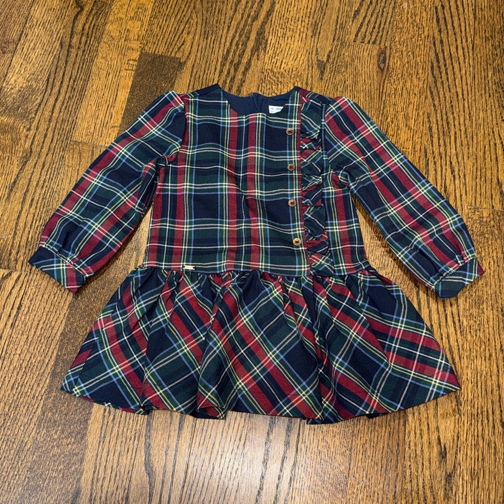 Girls Plaid Ruffle Button Front Dress - Navy & Red 18 Months
